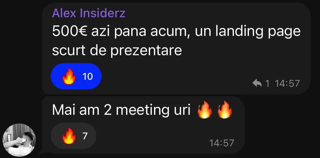 Alex Insiderz 500€ azi pana acum, un landing page scurt de prezentare $ 1 Mai am 2 meeting uri