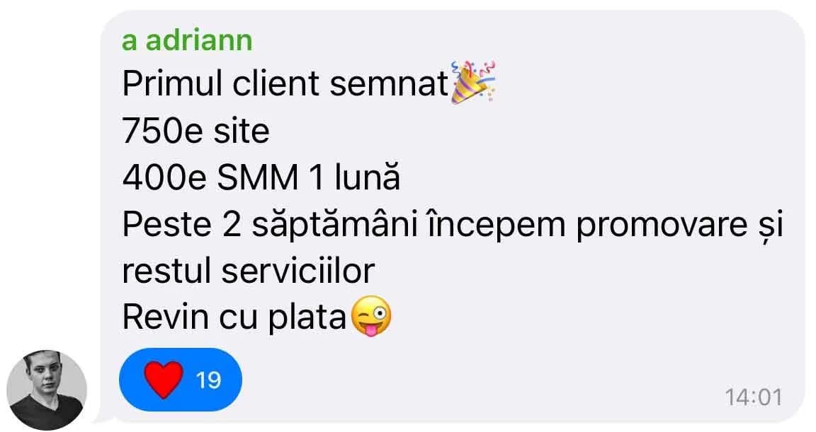 a adriann Primul client semnat co 750e site 400e SMM 1 lună Peste 2 săptămâni începem promovare și restul serviciilor Revin cu plata