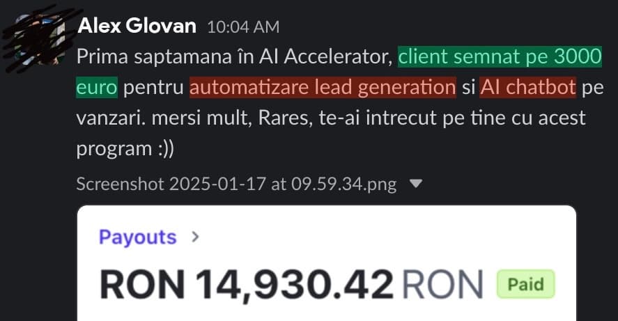 Mesaj și rezultat împărtășit de Alex Glovan