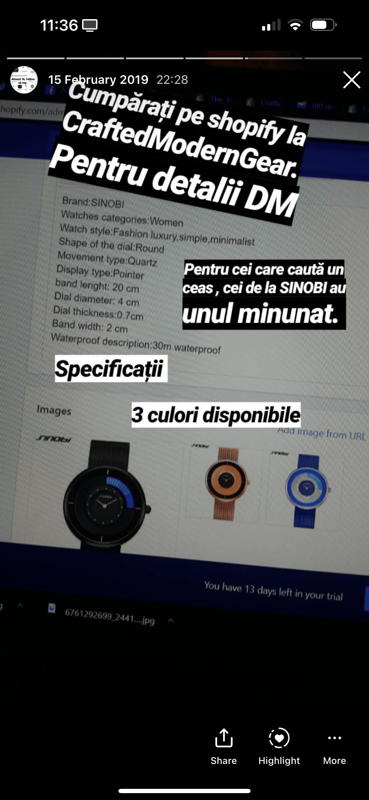 Story din 15 februarie 2019 despre magazinul Shopify CraftedModernGear