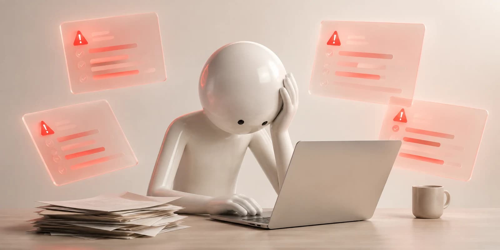 Ilustrație 3D: un stickman neutru, stresat la laptop, înconjurat de hârtii și notificări roșii.