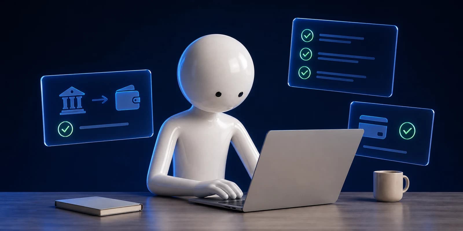Ilustrație 3D: același stickman lucrează relaxat la laptop, cu sarcini finalizate și confirmări de plată pe fundal albastru.